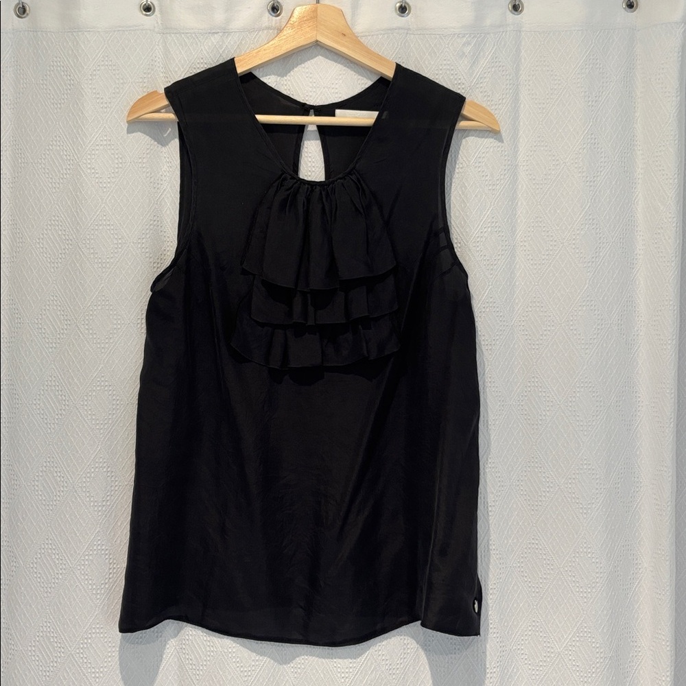 Black Silk Sleeveless Ruffle Blouse